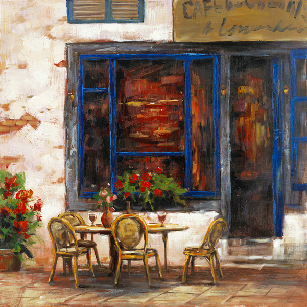 PXYW516 Wall décor art oil on canvas street scene cafe blue brown tones